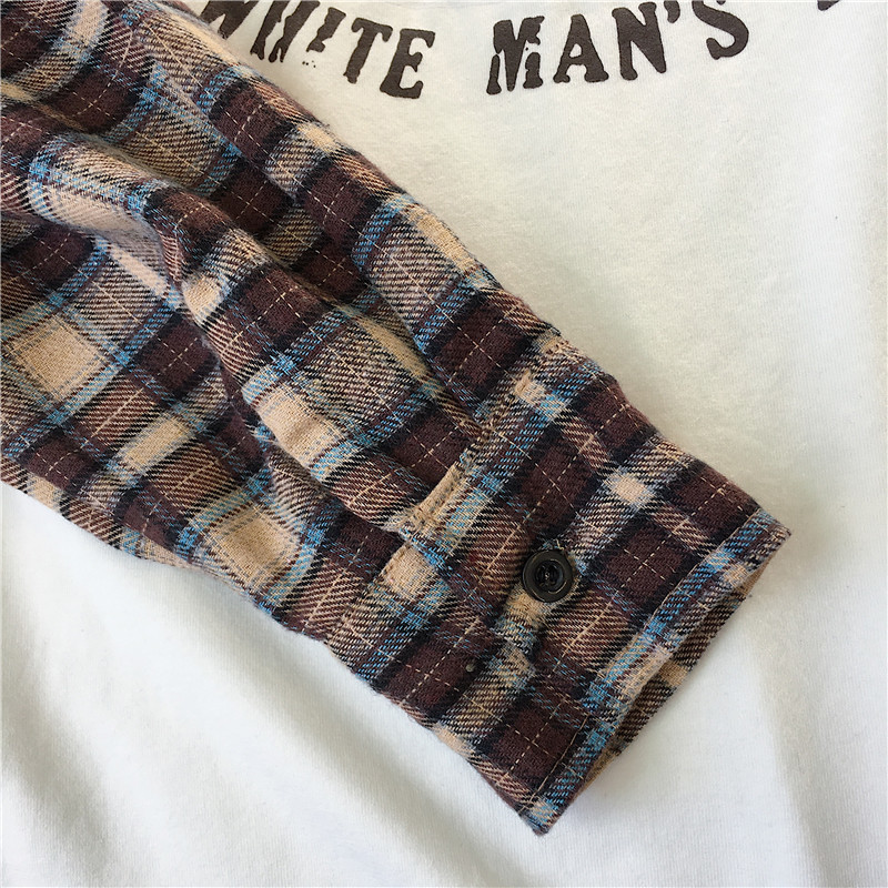 fashion Long Sleeve t-shirt Korean Simple oversized graphic tees Women shirts Leisure Plaid patchwork t shirt white black top 210310