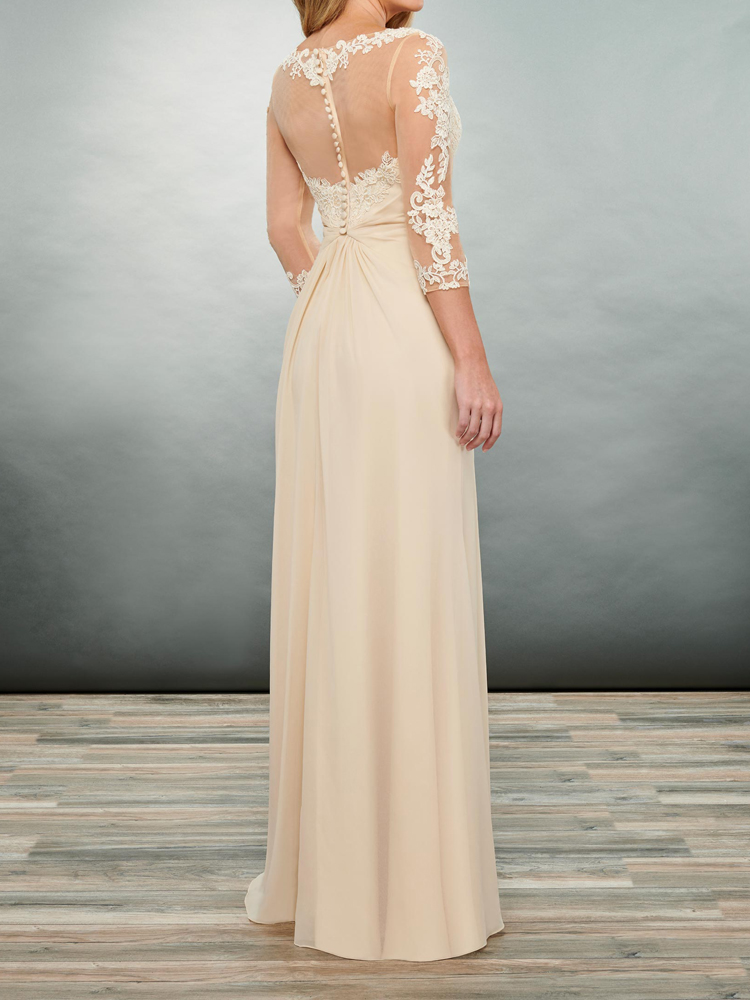 Daffodil Chiffon Bridesmaid Dresses Three Quarter Sleeves Zipper Back Wedding Party Dress Sheer with Floral Applique