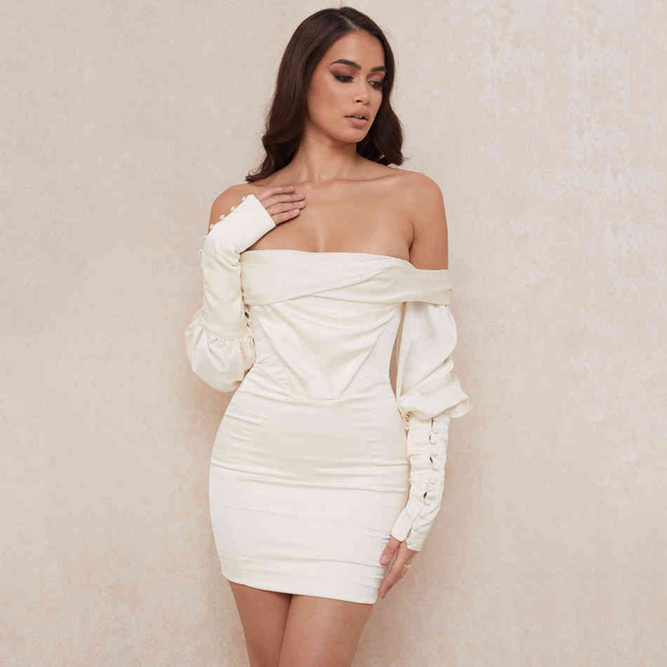 Satin Corset Dress Ladies Mini Lantern Sleeve Off Shoulder Sexy Party Club Bodycon Draped Aummer 210525