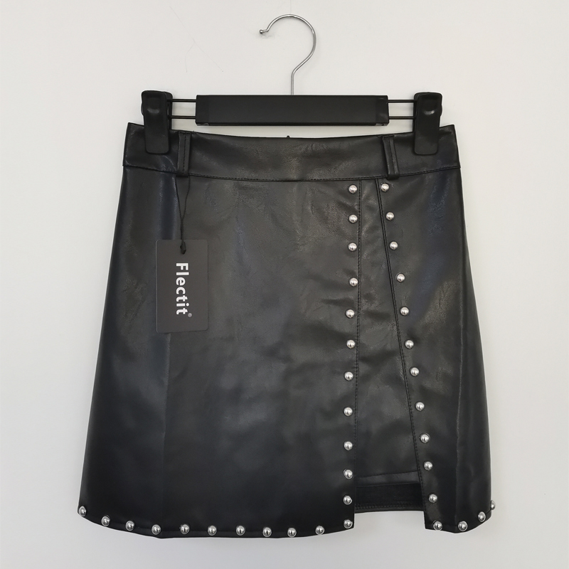 Flectit Womens Faxu Leather Studded Mini Skirt High Waisted A-Line Black Rivets Skirt Cool Punk Style * 210303