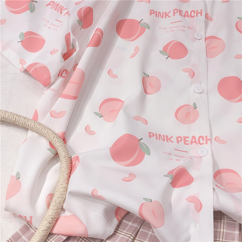 Summer Women Japanese Cute Fruit print Small fresh Blouse Young Girl Student Vintage Harajuku Short sleeve Shirt Tops Mori Girl 210225