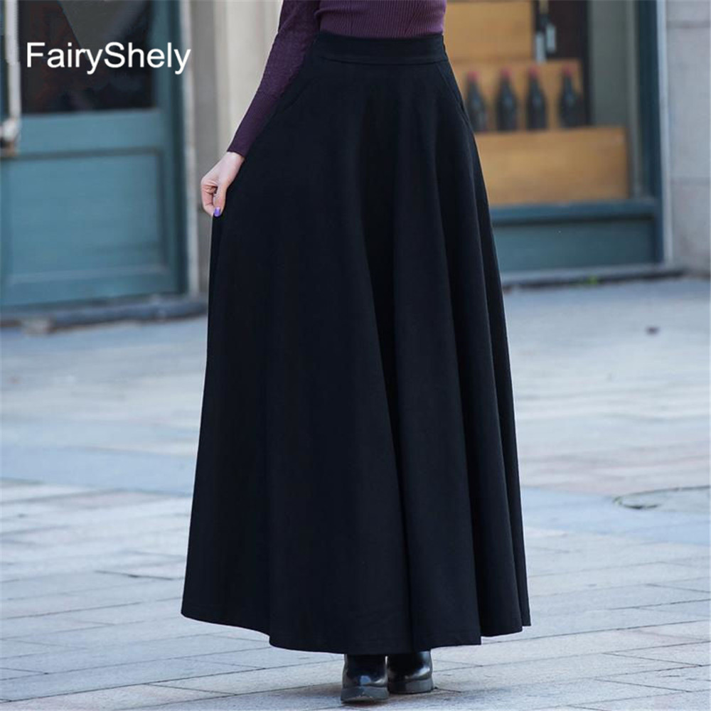 FairyShely Autumn Winter Retro High Waist Pleated Skirt Women Casual Pocket Woolen Maxi Skirt female Flare Red Long skirt 210306