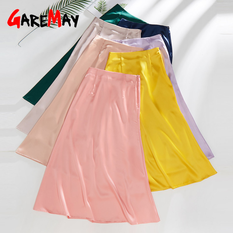 Women's Pink Green Silk Satin Skirt Vintage Korean Style Long High Waist Midi Skirt For Women A-Line Elegant Skirts Summer 210309