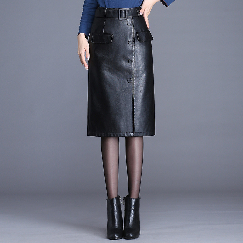 PU leather skirt women's long section new autumn and winter skirts high waist slim package hip skirt large size knee step skirt 210309