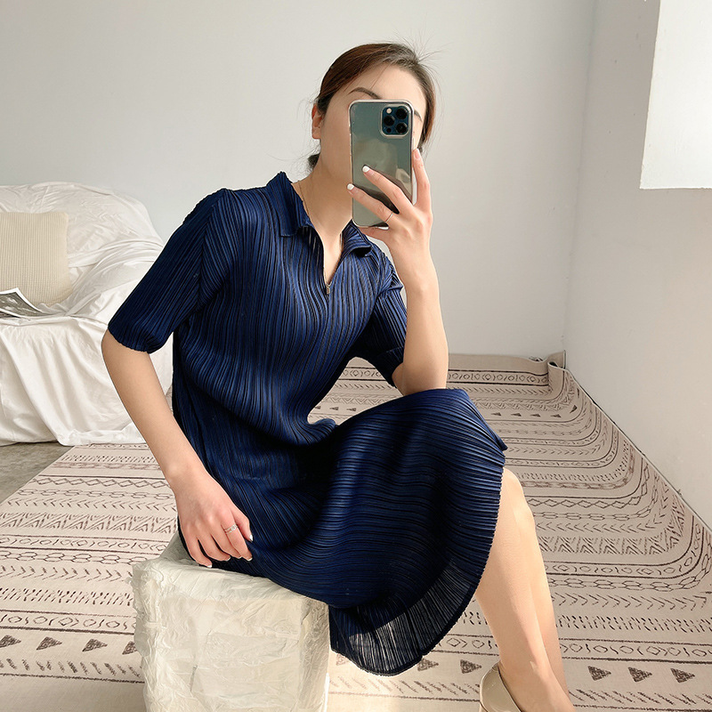 Summer Navy Blue Dress For Women Lapel Short Sleeve Casual Slim Female Elegant Streetwear Dresses 2D3601 210526