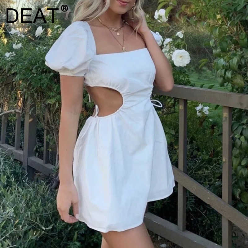 DEAT Women Hollow Out Dress Square Collar Short Sleeve Arrivals Lady Sexy Fashion Temperament Spring Summer 11D1697 210709