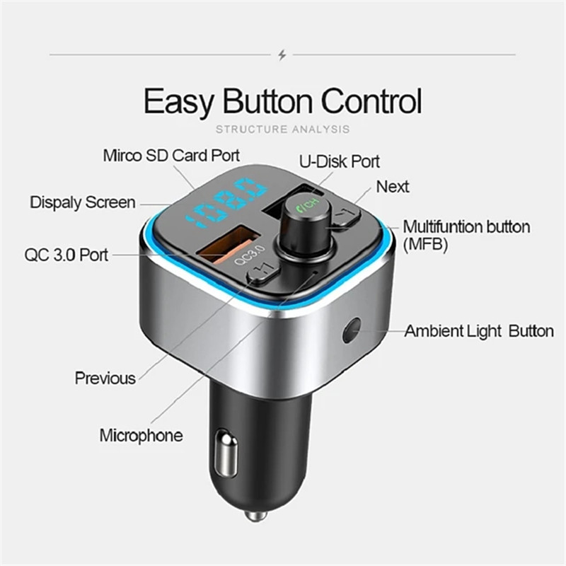 Fast Car Chargers USB Bluetooth Wireless FM Radio Transmitter Adapter HandsFree Calling 6 Colors LED Backlit With QC3.0 Charging Supports TF Card & U 