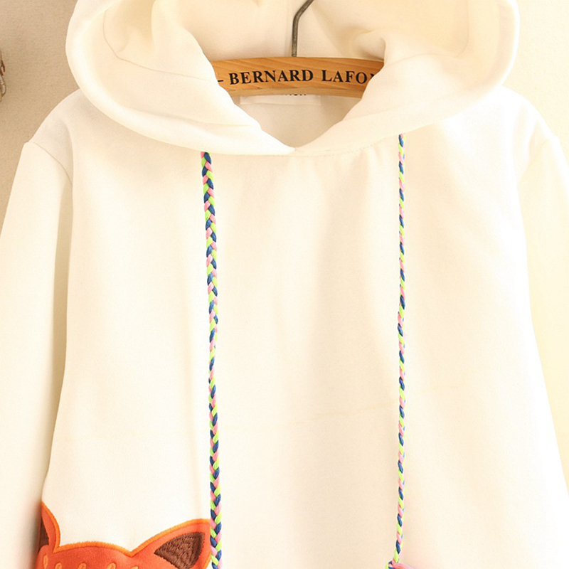 Autumn Cute Fox Embroidered Hooded Sweatshirt Women Clothing Pullovers Plus Velvet Patchwork Female Sweet Thick Warm Hoodies 201126
