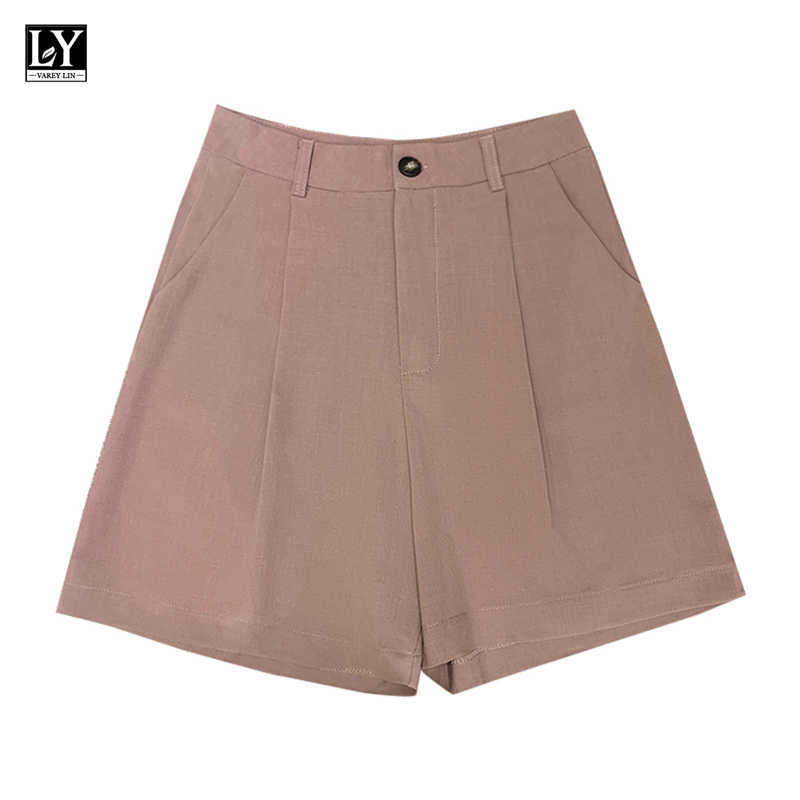 LY VAREY LIN Spring Summer Streetwear Female Stright Solid Color Wide Leg Shorts Women High Waist Button Loose 210526
