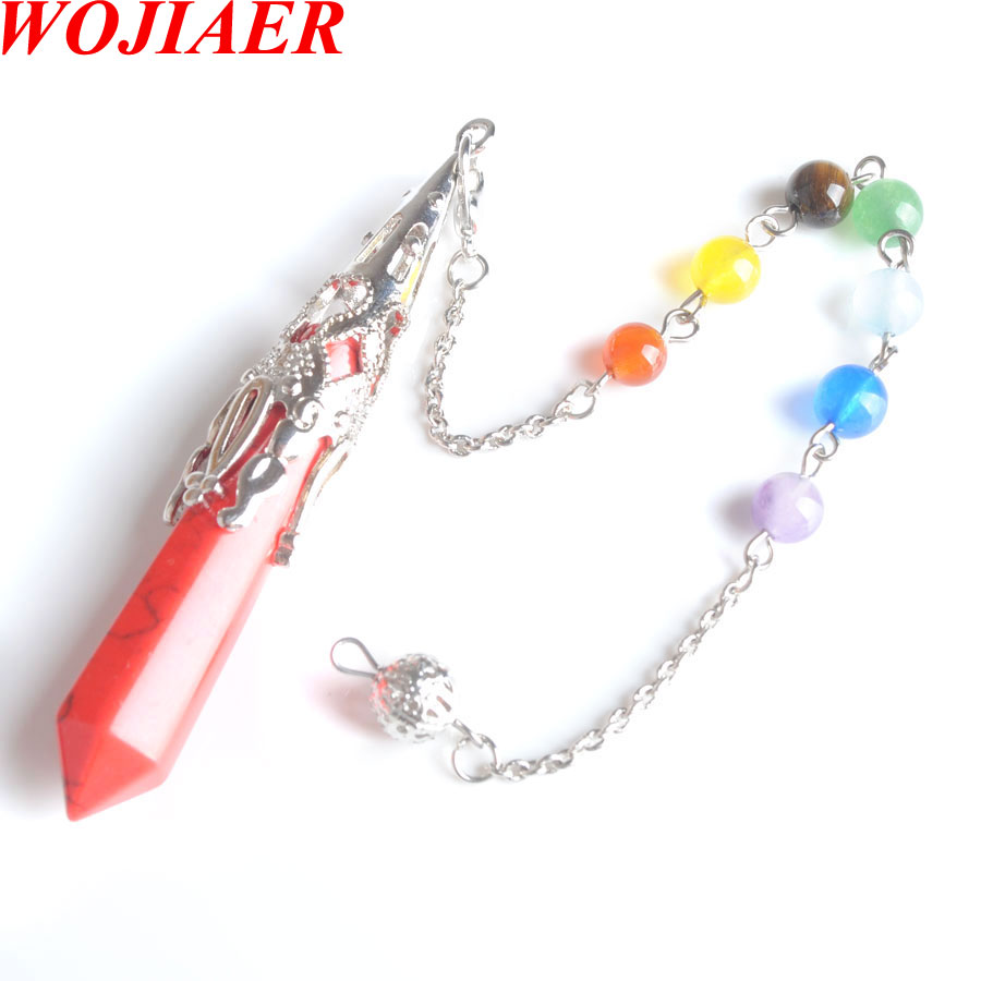 WOJIAER 2021 New 7 Chakra Pendulums Hexagonal Prism Pendant Natural Stone Amethyst Tigers eye Pendulo for Men And Women BO941
