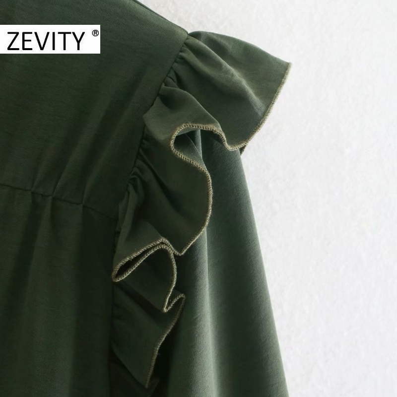 Zevity Women Agaric Lace Solid Color Pleats Shirt Dress Office Ladies Lantern Sleeve Breasted Casual Business Vestido DS4601 210303