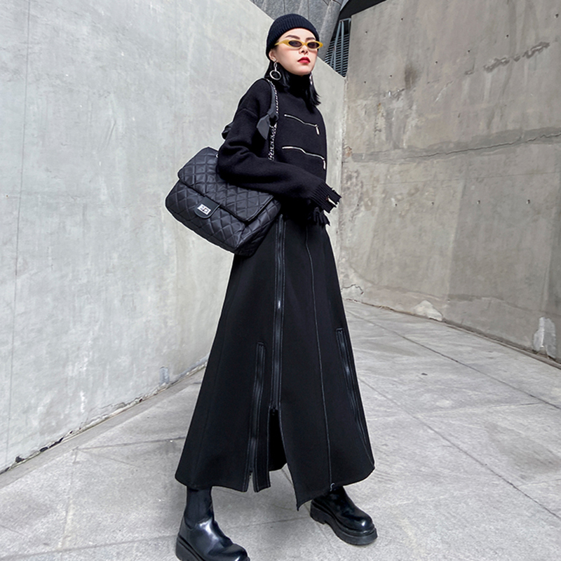 [EAM] High Waist Black Brief Zipper Spliced Long Split Joint Half-body Skirt Women Fashion Tide New Spring Autumn 2021 1DD1712 210309