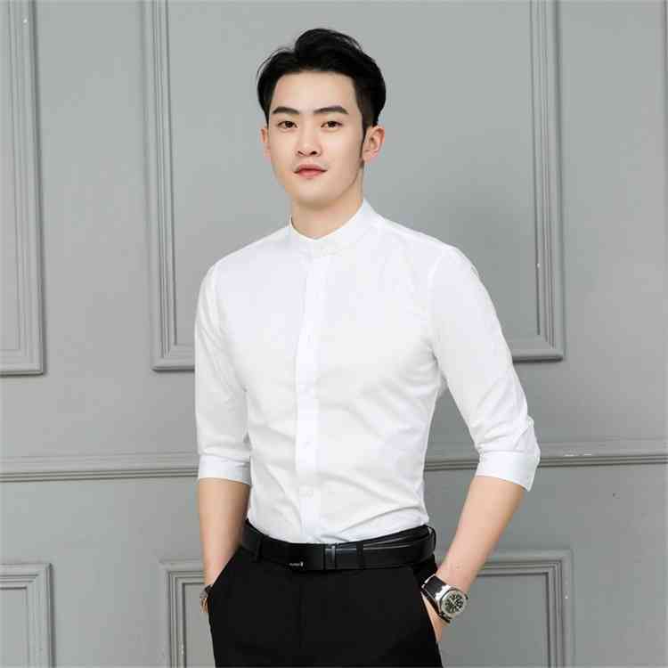 New Chine men' long sve inch stand collar solid white Korean slim shirt, White polyester cotton
New Chine men' long sve inch stand collar solid white Korean slim shirt, White polyester cotton