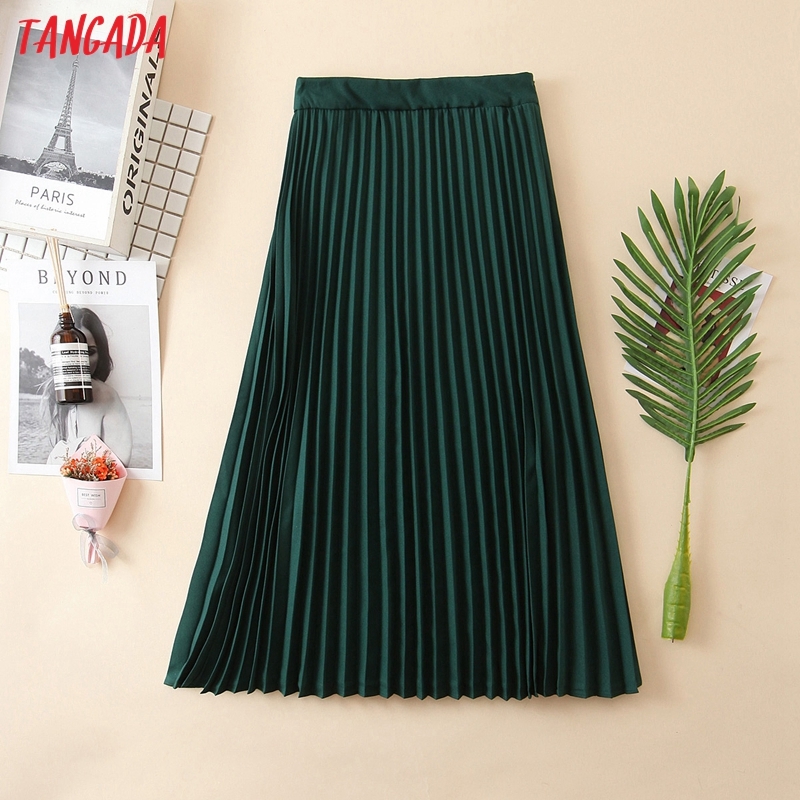 Tangada women green pleated midi skirt button decorate side zipper office ladies elegant chic mid calf skirts QB206 210309