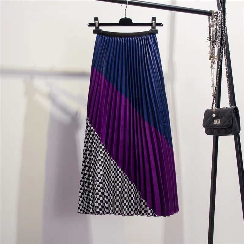 Marwin Spring -Coming Europen Color Matching Plaid Pleated skirt High Street Style Mid-Calf Empire Striped Women Skirts 210315