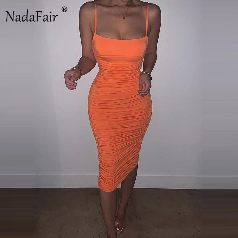 Nadafair Spaghetti Strap Tight Bodycon Dress Ruched Sexy Midi Dress Summer White Tube Party Dresses Women Club Two Layers Y0118