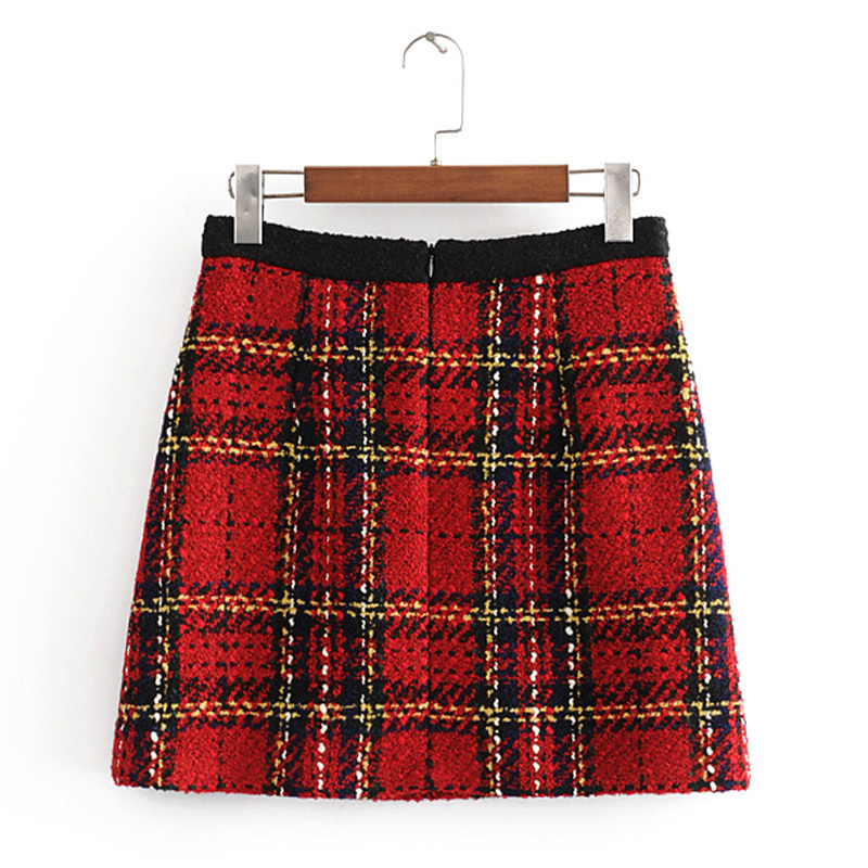 Chic Pockets Buttons Tweed Skirts Women Fashion Casual Plaid Skirt Elegant Ladies A Line Mini Skirts Casual Faldas 210309