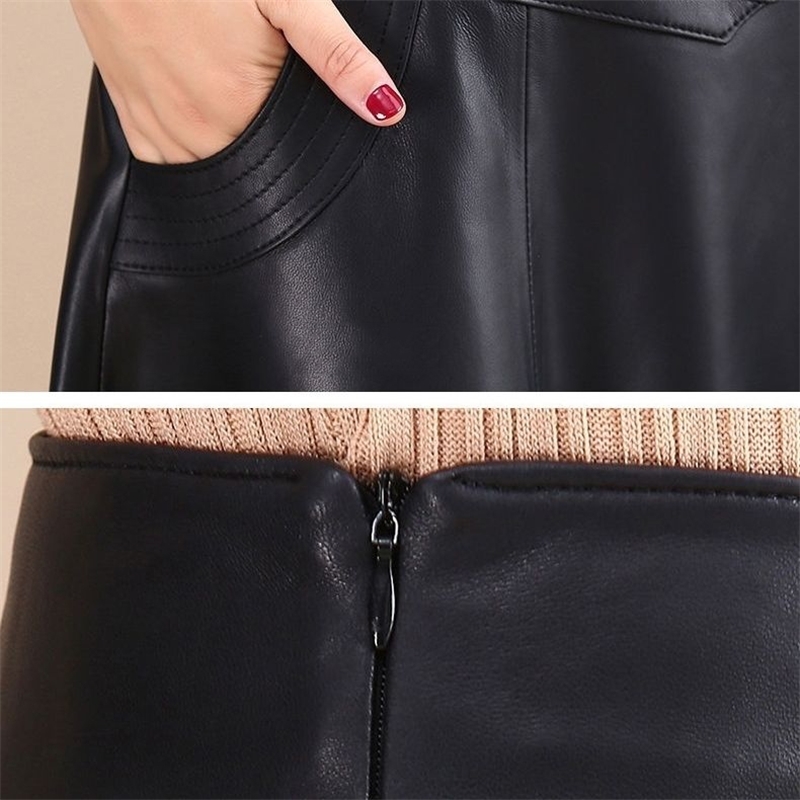 High Waist Leather Sheepskin A-Line Skirts Elegant Black Korean Womens Female Indie Folk Knee Length Ladies Office 210621
