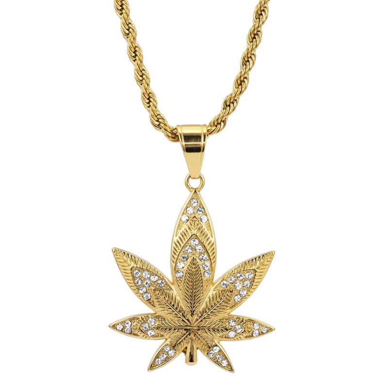 High-Quality Cold Color 316L Stainless Steel Leaf Pendants Long Link Chain Leaves Hip Hop Necklace for Women Men Rapper