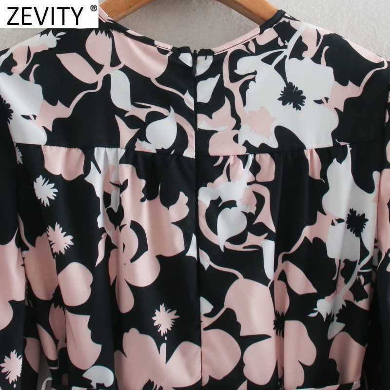 Zevity Women Vintage O Neck Flower Print Bow Tied Sashes Casual Slim Midi Dress Office Lady Long Sleeve Chic Vestido DS4810 210603