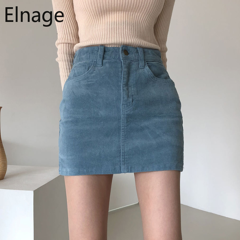 Korea Style Chic Retro Faldas High Waist Slim Jupe Femme Wrap Hip Skirts Blue Split Corduroy Black A-line Skirt Women Mini 5B160 210309