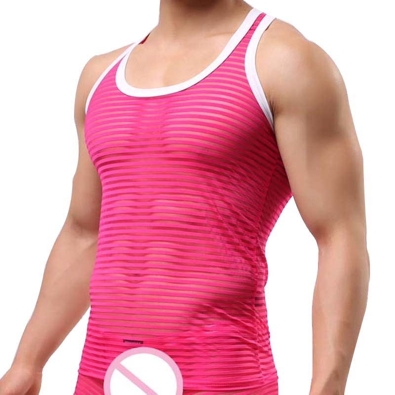 Men Sexy Bodybuilding Tank Top Fun Breathable Striped Camiseta Tirantes Hombre Undershirts Transparent Mesh Tank Top 210308