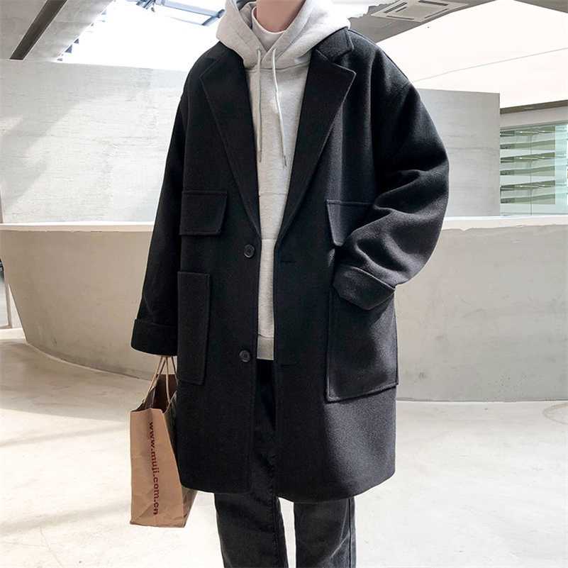 Privathinker Men Solid Color Loose Woolen Coat Winter Men's Casual Oversize Long Windbreaker Woman Streetwear Coat 211122