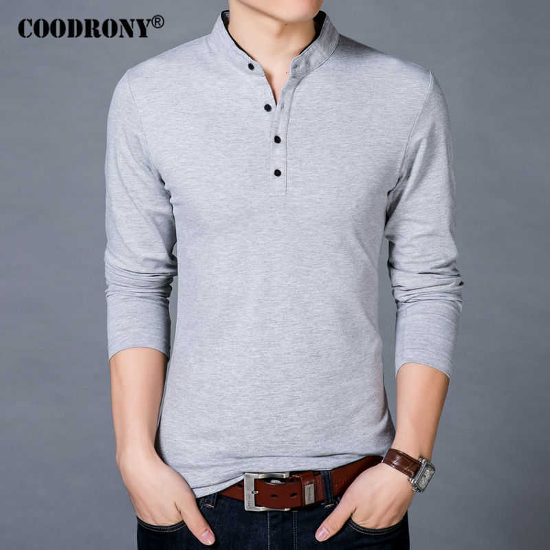 COODRONY T-Shirt Men Spring Autumn Cotton T Shirt Solid Color Chinese Style Mandarin Collar Long Sleeve Top Tee 608 210629