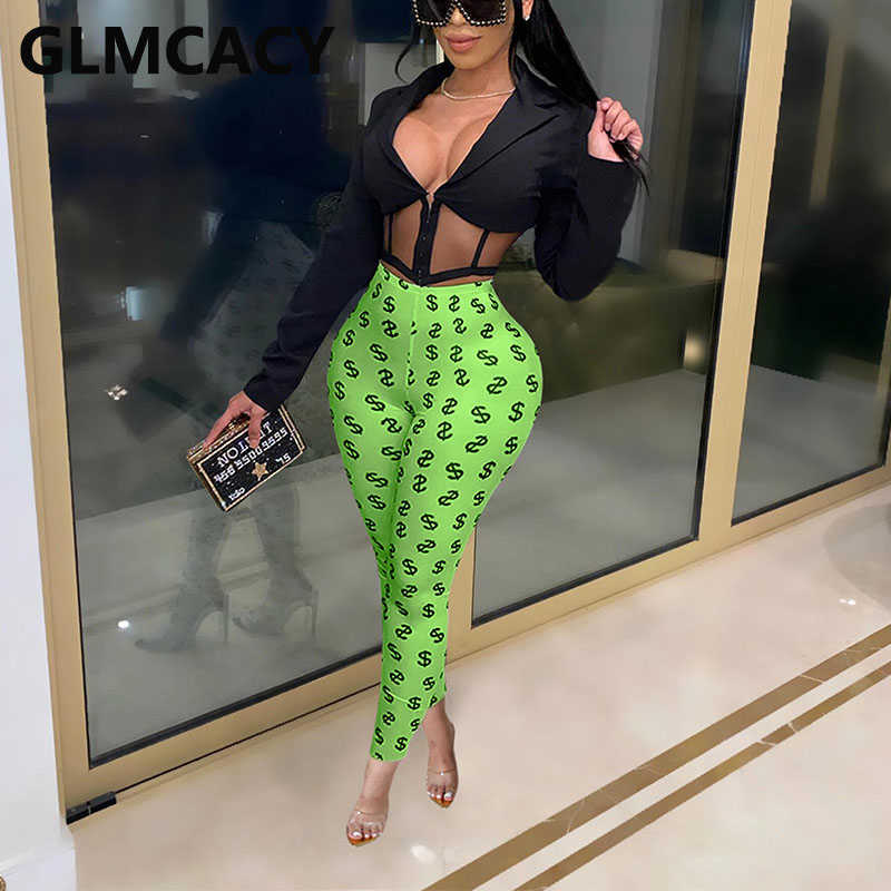 Women USD Symbol Printed Pants Casual Skinny Fitness Trousers 210702