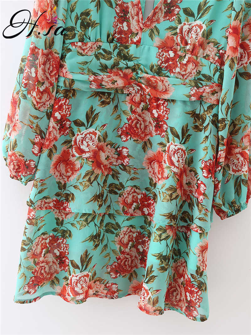 Hsa Women Floral Print Boho Party Dress Sexy V Neck Long Sleeve Spring Clothes With Waist Tie Elegant Day Dress 210716