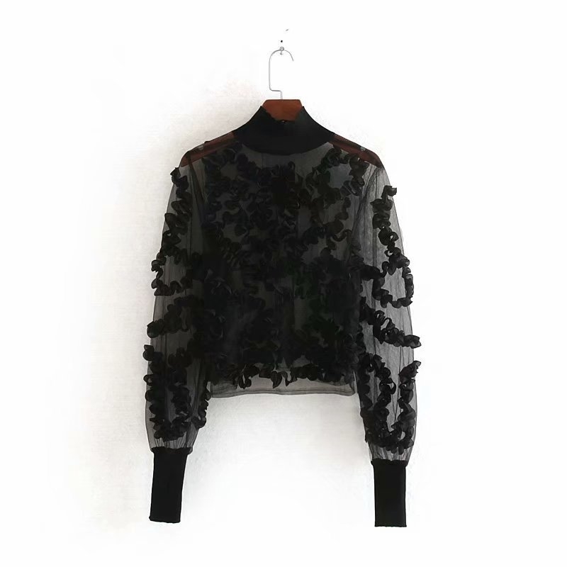 new women sexy appliques transparent casual black Shirts blouses women long sleeve patchwork mesh roupas femininas tops LS4513 T200320