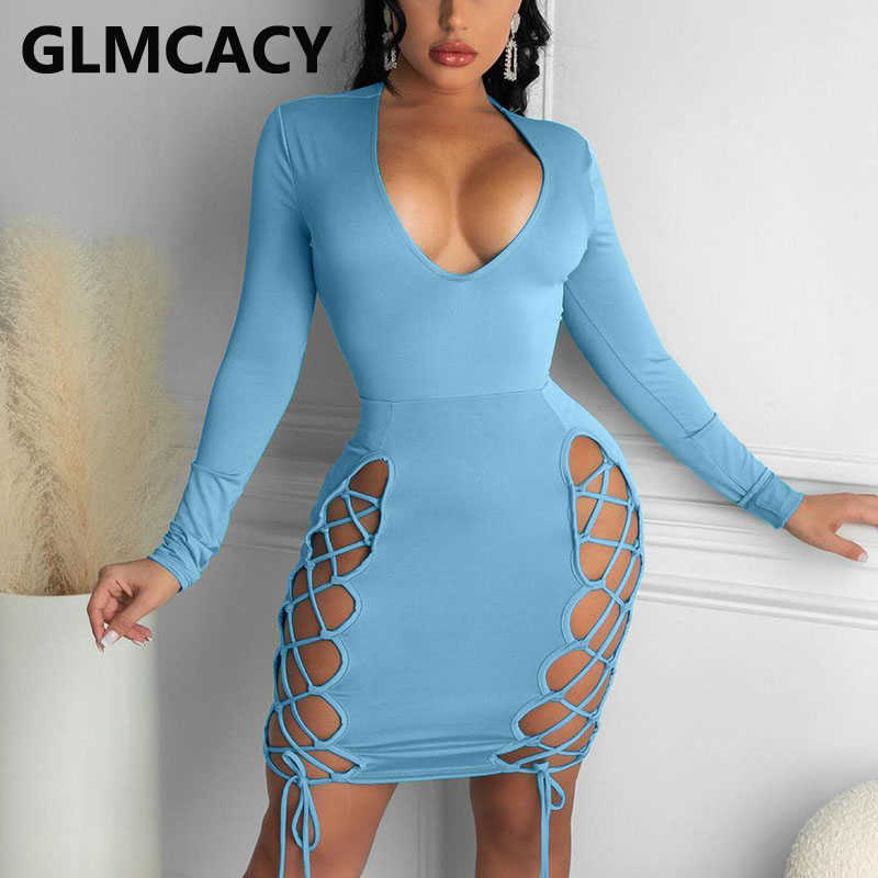 Women Long Sleeve Plunge V-neck Sexy & Club Bandage Mini Dress 210702