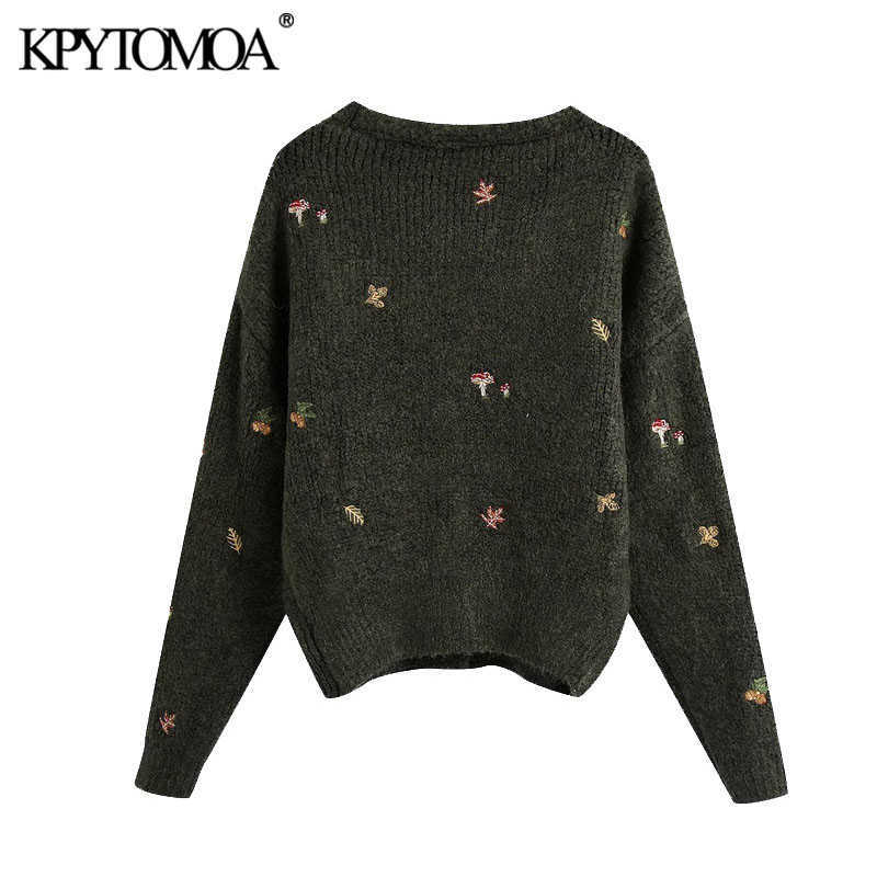 KPYTOMOA Women Fashion Floral Embroidery Knitted Cardigan Sweater Vintage Long Sleeve Button-up Female Outerwear Chic Tops 210918