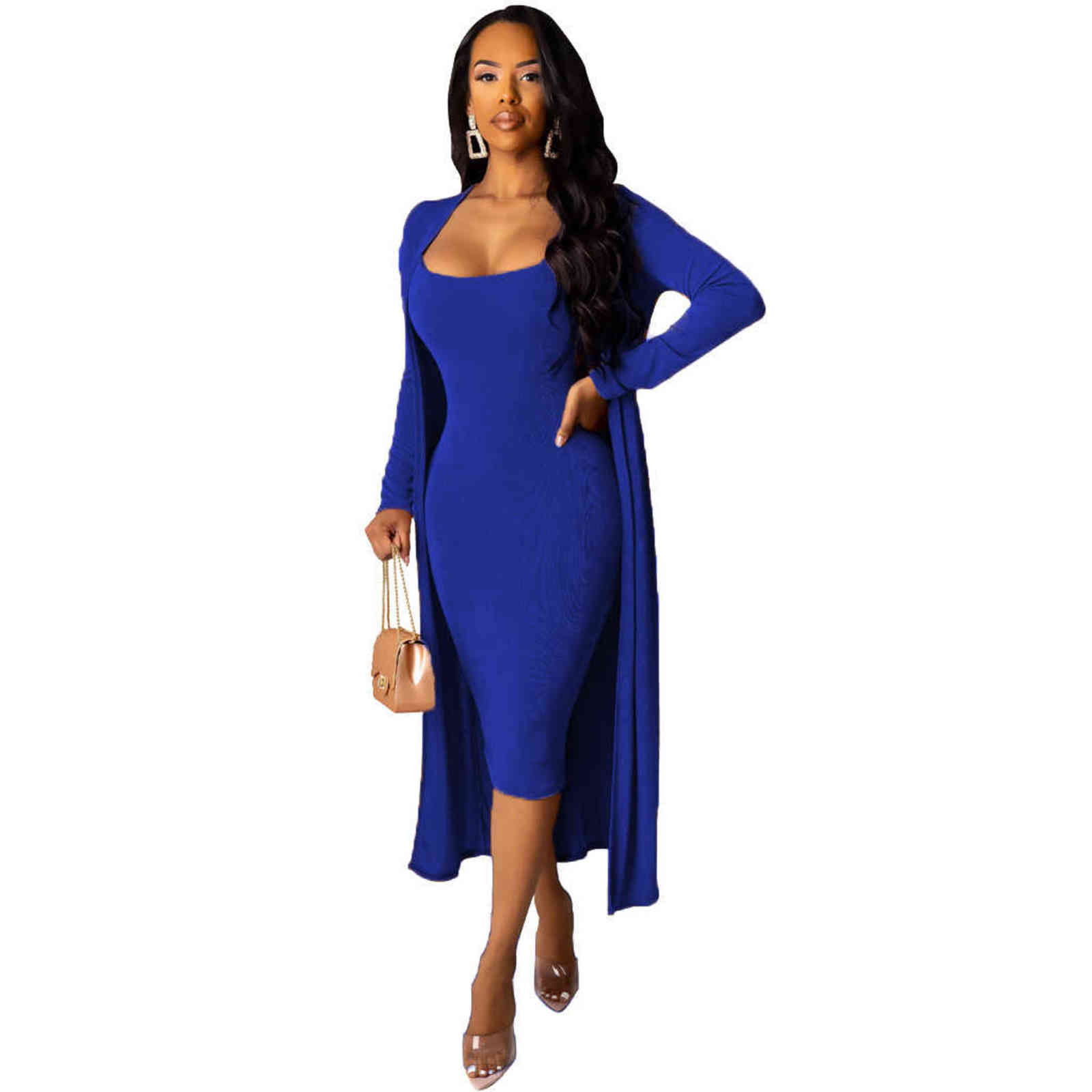 Winter Women Set Sleeveless Strap Dress+long Sleeve Long Cape Night Club Tracksuits Two Piece Suit Street Sexy Bandage YM-8520 211106