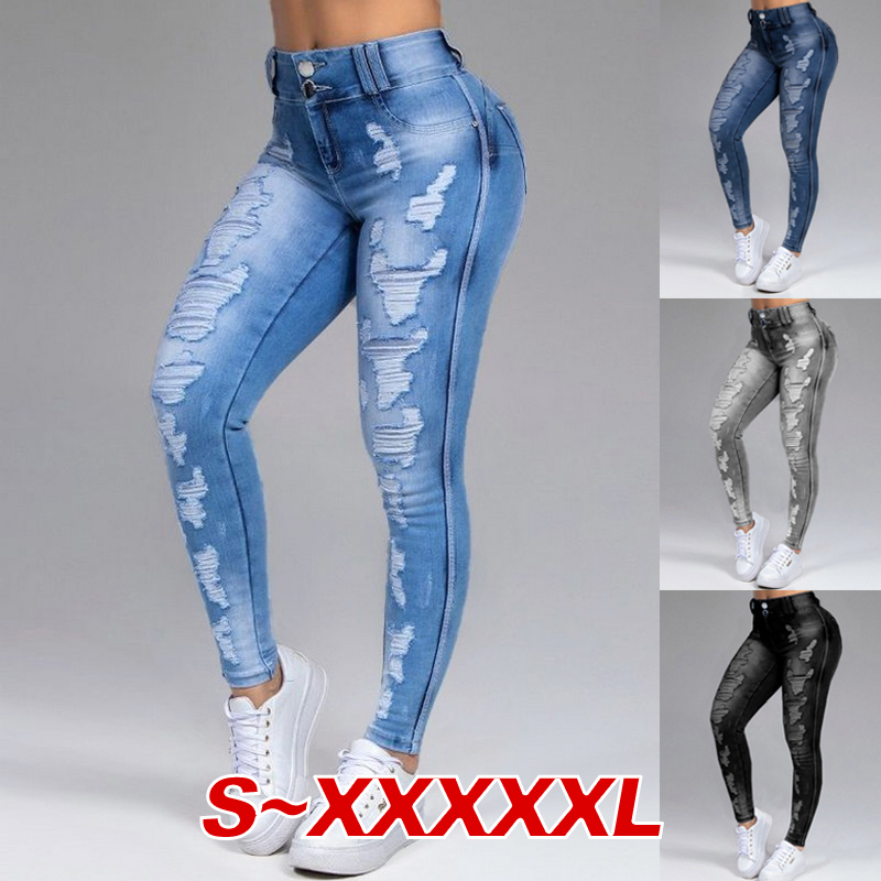 Ripped Skinny Jeans Women High Waist Sexy Stretch Pants Korean Fashion Streetwear Distressed Slim Blue Bleached Denim Trousers 210222