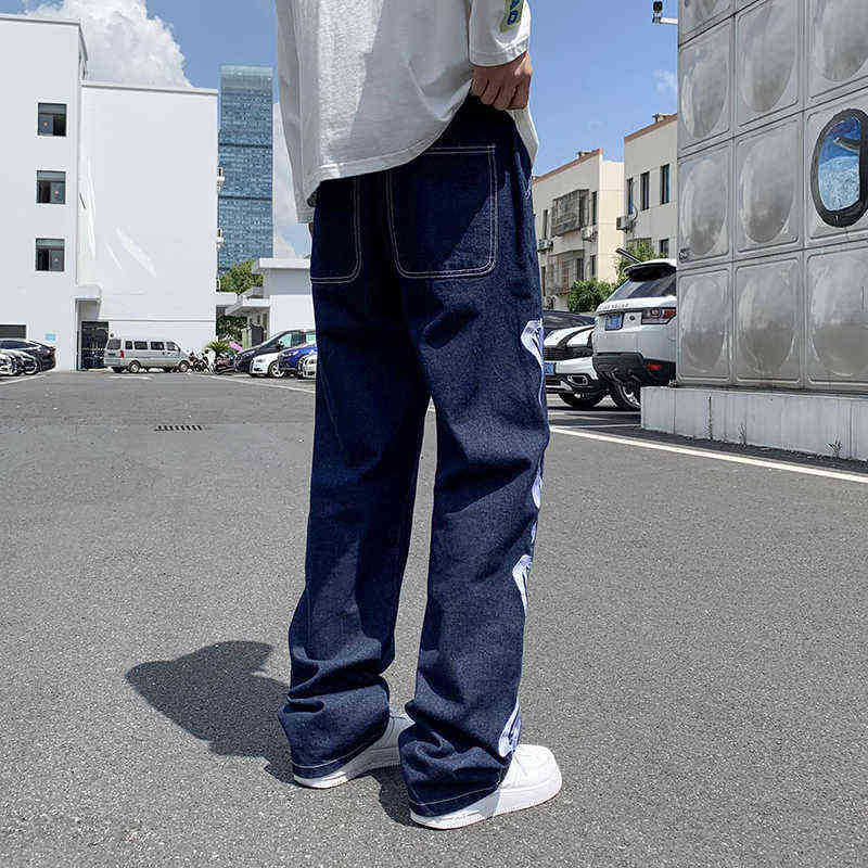 Men Jeans Skeleton Printed Oversized 5XL Straight Blue Jean Pants Mopping Trousers Mens Streetwear Hip Hop Denim 211111