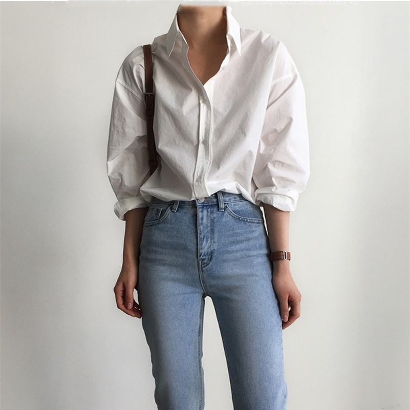 Office Ladies cotton White Shirts Blouses Women Spring Single-breasted Long Sleeve Shirts Female Tops Blousas 210225
