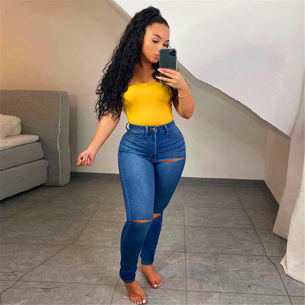 Women Casual Jeans Spring /Summer New Washed Distressed Holes Stretch Skinny Jeans Solid Color Denim Pants Ladies Pencil Pants 210222