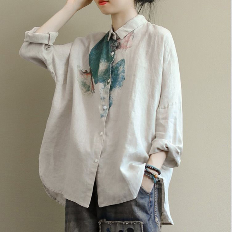 New Arrival Autumn Women Long Sleeve Loose Shirts Plus Size Arts Vintage Print Cotton Linen Casual Blouse Ladies Tops D405 210225