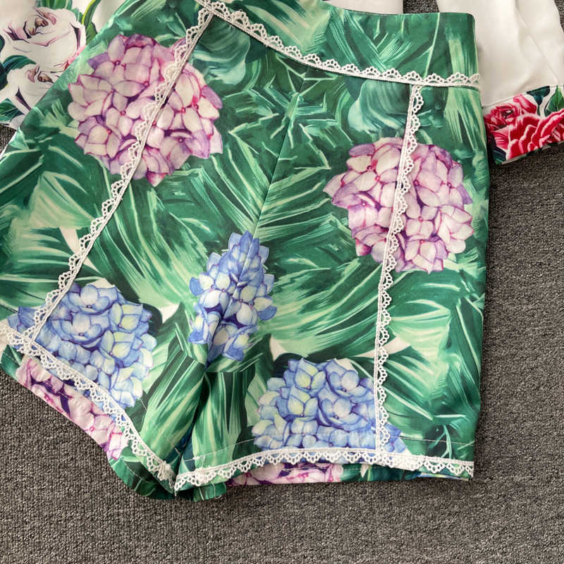 DEAT Women Tprinting Shorts Arrivals Lapel Long Sleeve Two Piece Set Fashion Temperament Spring Summer 11D59109M 210709