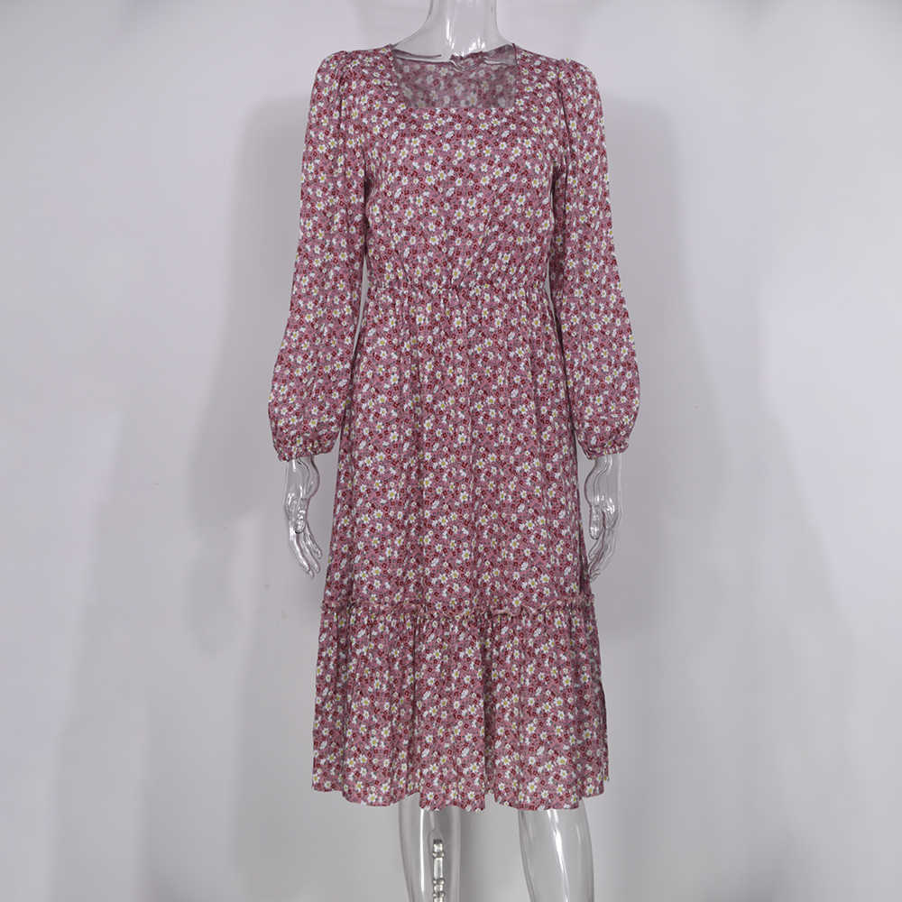 Women Long Dress Autumn Winter Long Sleeve Elegant Ladies Flower Square Collar Dresses Party Black Clothes For Woman 210707