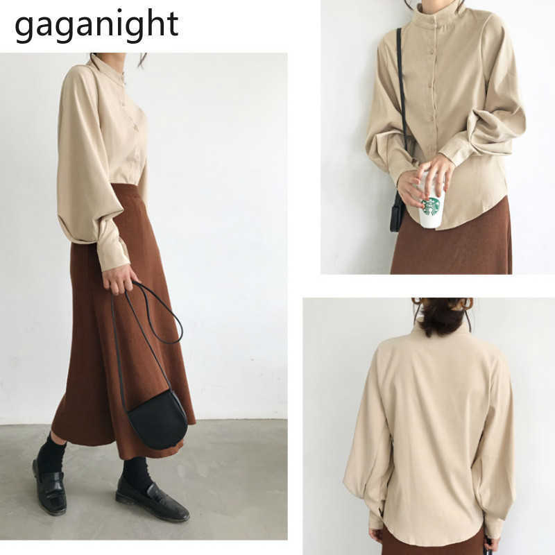 Korean Fashion Top Women Stand Long Lantern Sleeve Shirts Single Row Multi Button Black Ladies Blouse Spring 210601