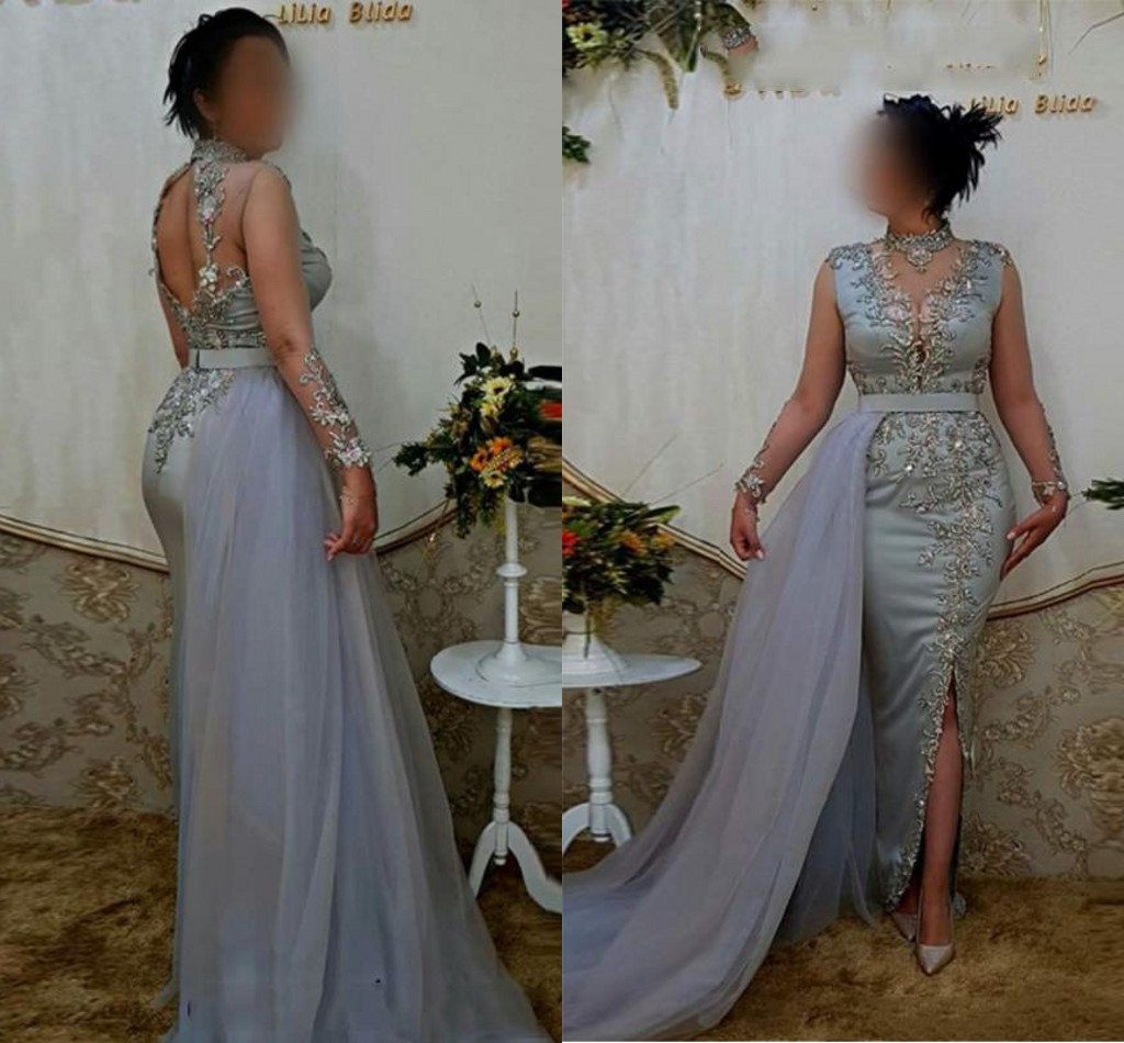 Applique Lace Mermaid Moroccan Kaftan Dubai Evening Dress With train dusty blue Long Sleeves Muslim Saudi Arabia Prom Gown