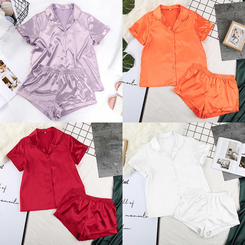 Suphis 5 Colors Satin Nightshirt With Shorts Nightwear Suit Silk Pyjama Short Sleeve Casual Pajama Sets Women Sleepwear Summer 210826