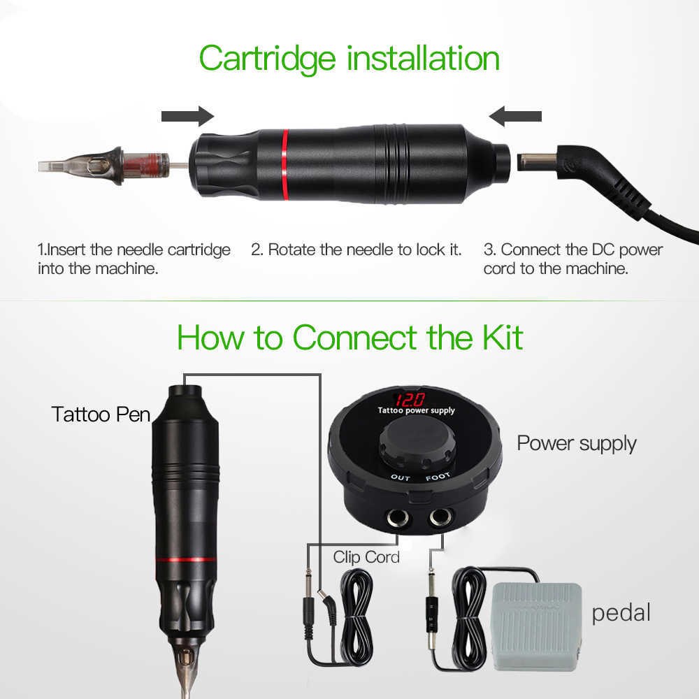 Professional Tattoo Machine Kit Power Rotary Pen With Cartridges Needles For Permanent Makeup Microblading Supply 210622
