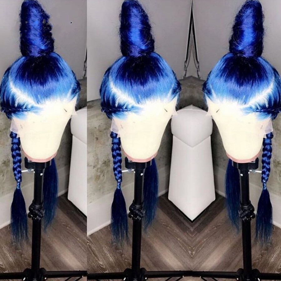 Synthetic Lace Front Simulation Human Hair Wigs Dark Blue Color 180% Density Long Straight Pre Plucked Wig For Women Cosplay