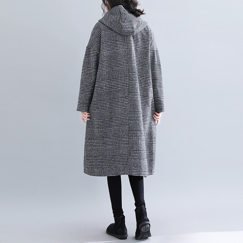Autumn Winter Plaid Woolen Coat Women Plus Size Fashion Vintage Loose Single-breasted Hooded Long Outerwear Female Clothing