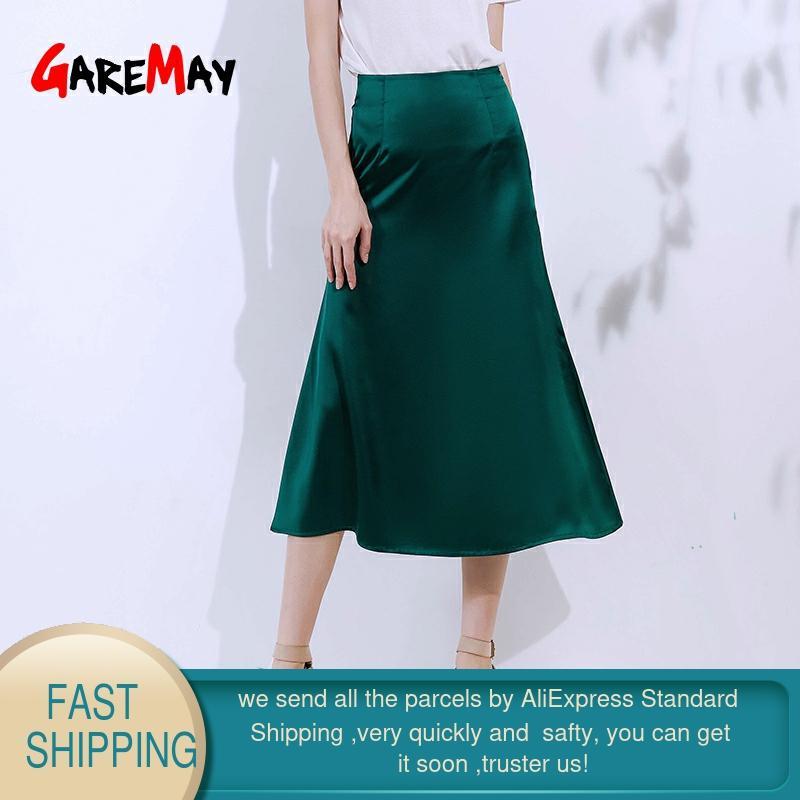 Women's Pink Green Silk Satin Skirt Vintage Korean Style Long High Waist Midi Skirt For Women A-Line Elegant Skirts Summer 210309