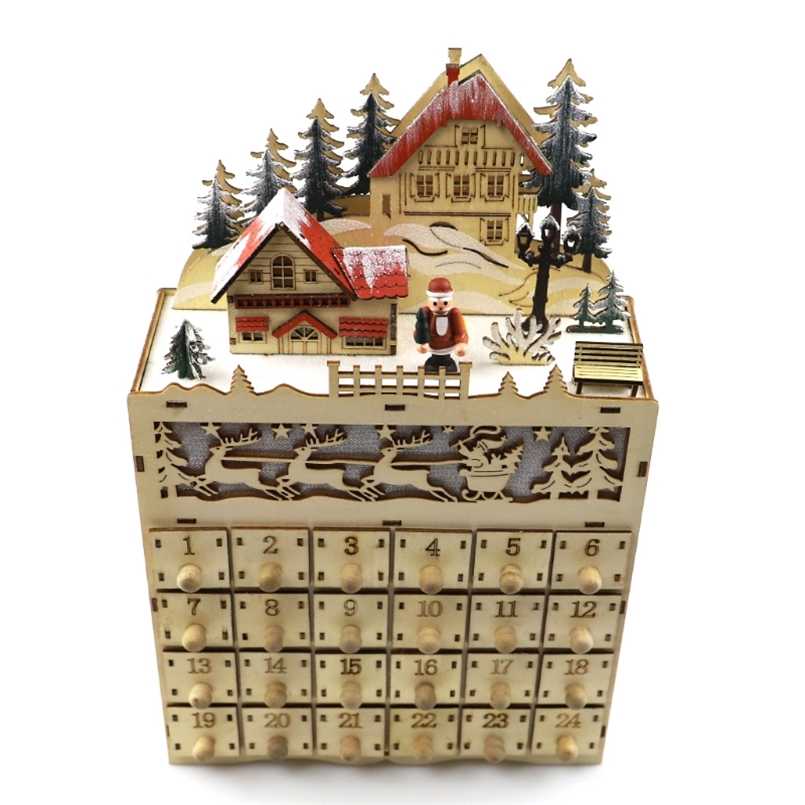 Christmas Wooden Advent Calendar LED Lighted Village House Santa Claus Countdown Ornament with Large Drawers Box Xmas Decoration 211019