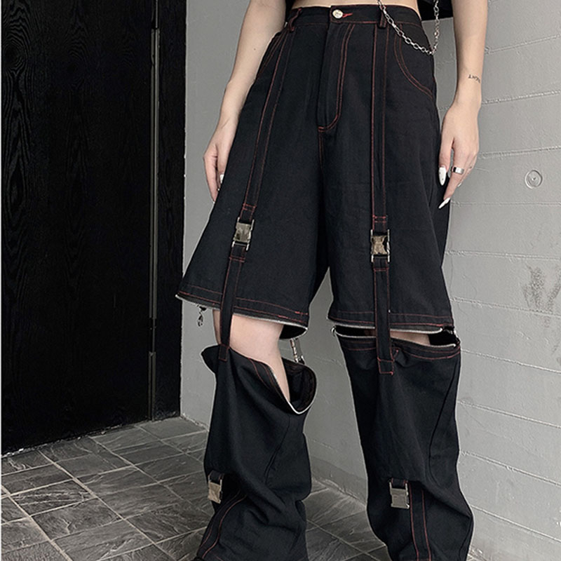 Streetwear Fashion Black jeans Hollow Out Pants Casual Pants Women High Waist Trouser Cargo Trousers KZ614